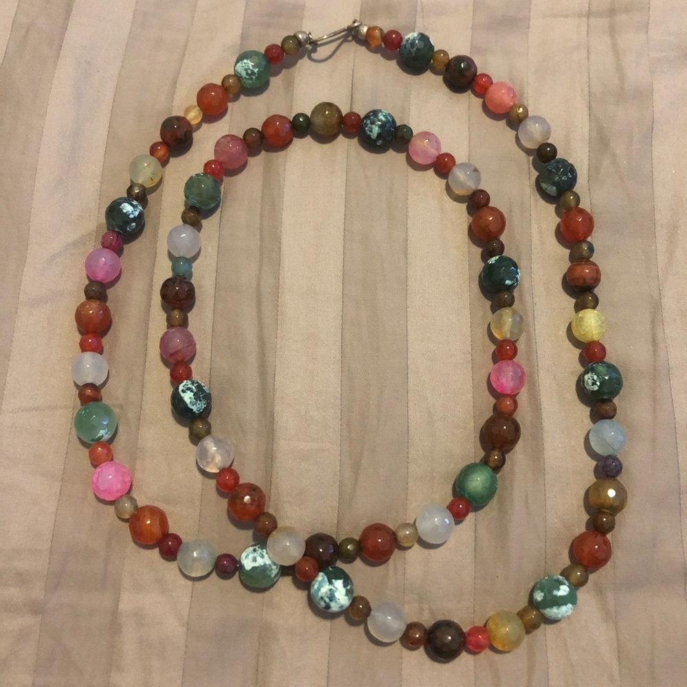 Long gemstone bead necklace